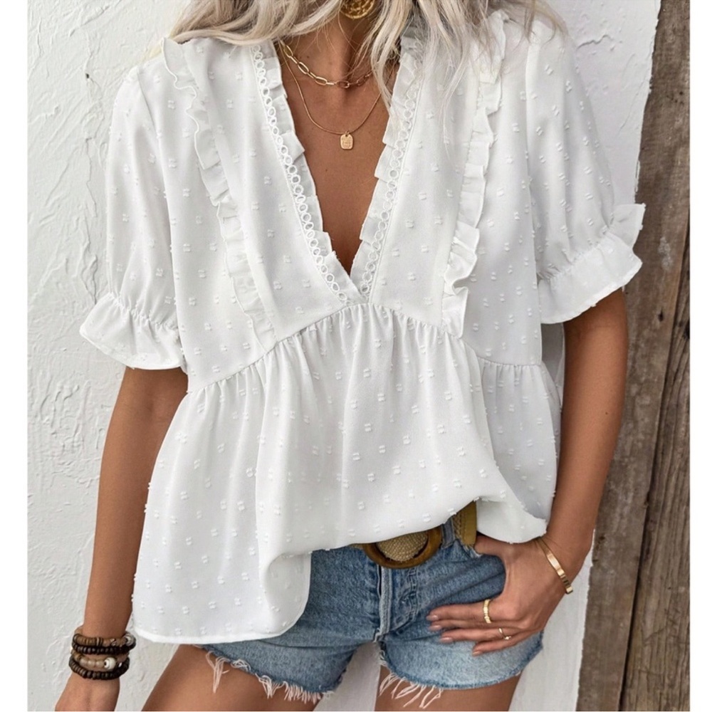 Boho White V Neck Swiss Dot Puff Sleeve Blouse S M L XL